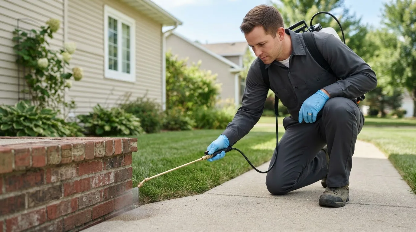 Pest control technician treating a home near Lake Elsinore, CA